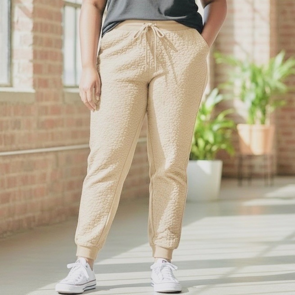 Tahari Sport Womens Tan Quilted Popcorn Joggers Plus Size 3X Soft Athleisure NWT